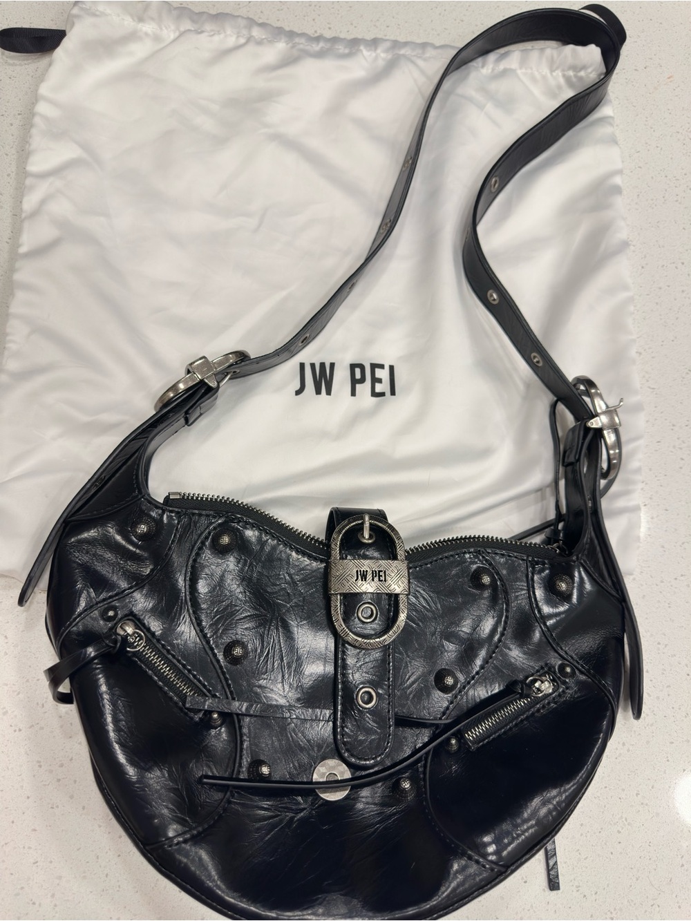 JW PEI Black Studded Leather Shoulder Bag with Buckle Accent
